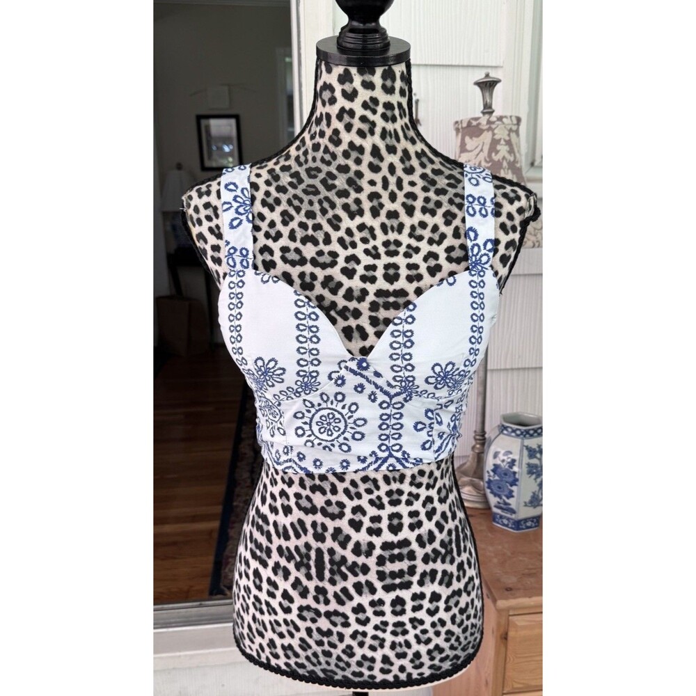 Live 4 Truth Blue White Print Smocked Back Bustier Crop Top S Soft Cup Festival